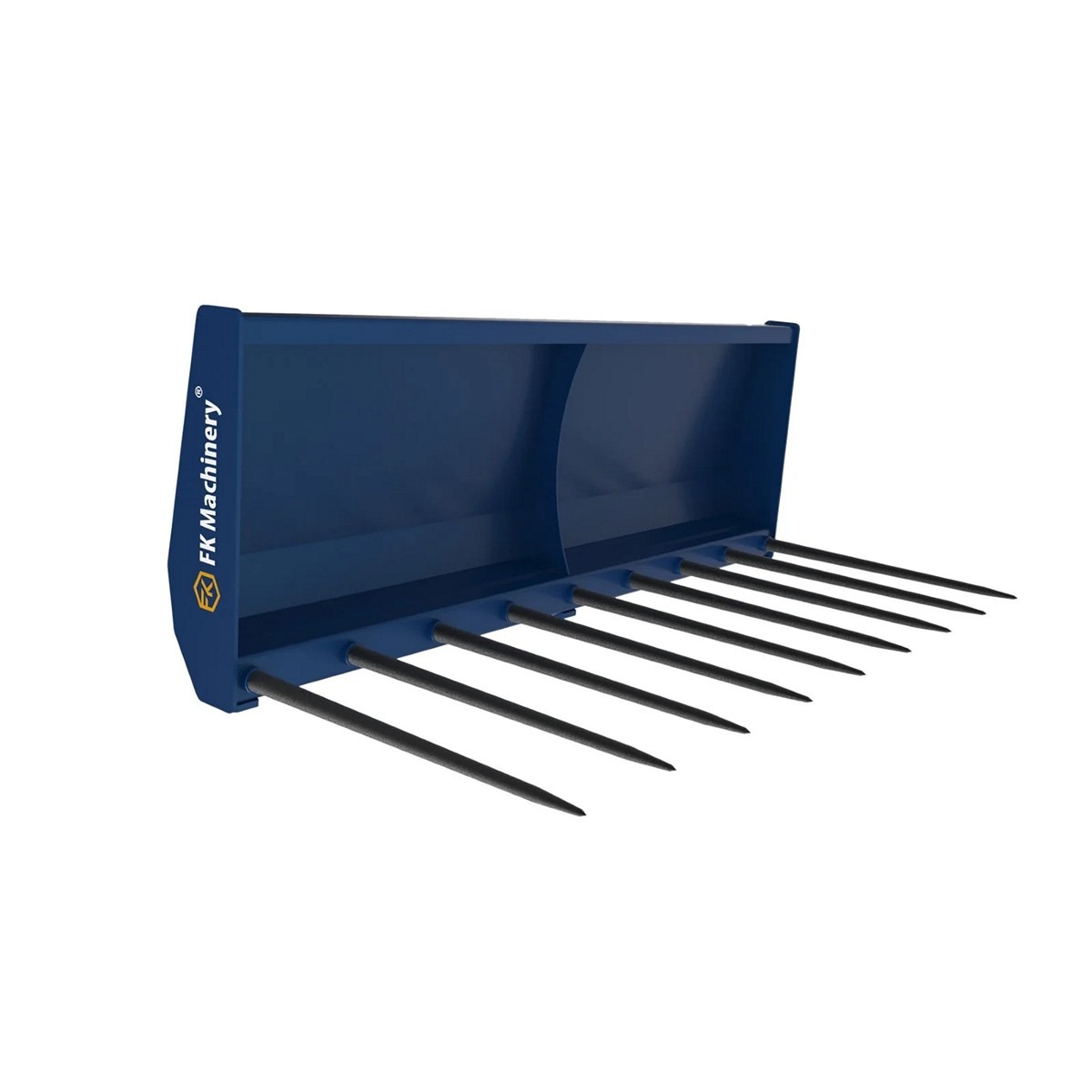 Sinine metallist tööriist nimega SILOKAHVEL, STANDARD on varustatud üheksa pika, ühtlaste vahedega musta haruga ja tugeva tagaplaadiga. Küljel on FK Machinery® logo, mis viitab sellele, et see on mõeldud kasutamiseks põllumajanduses või tööstuses.