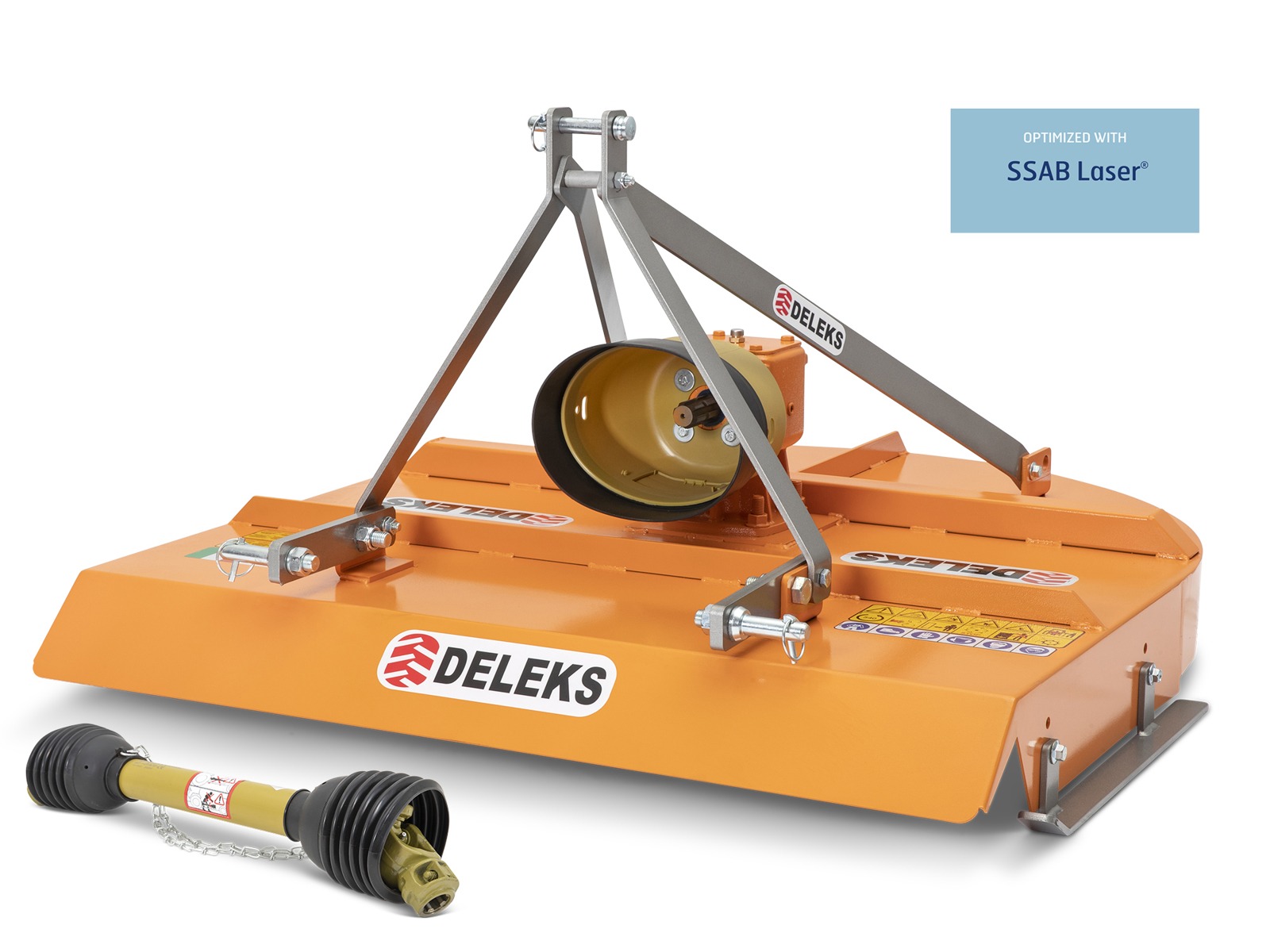 Deleks Tasandusniiduk BUGGY-100, oranžikas rootorniiduki kinnitusseade, millel on kolmepunktiline haakeseadeldis, veovõlli ja paremal üleval silt "Optimized with SSAB Laser".