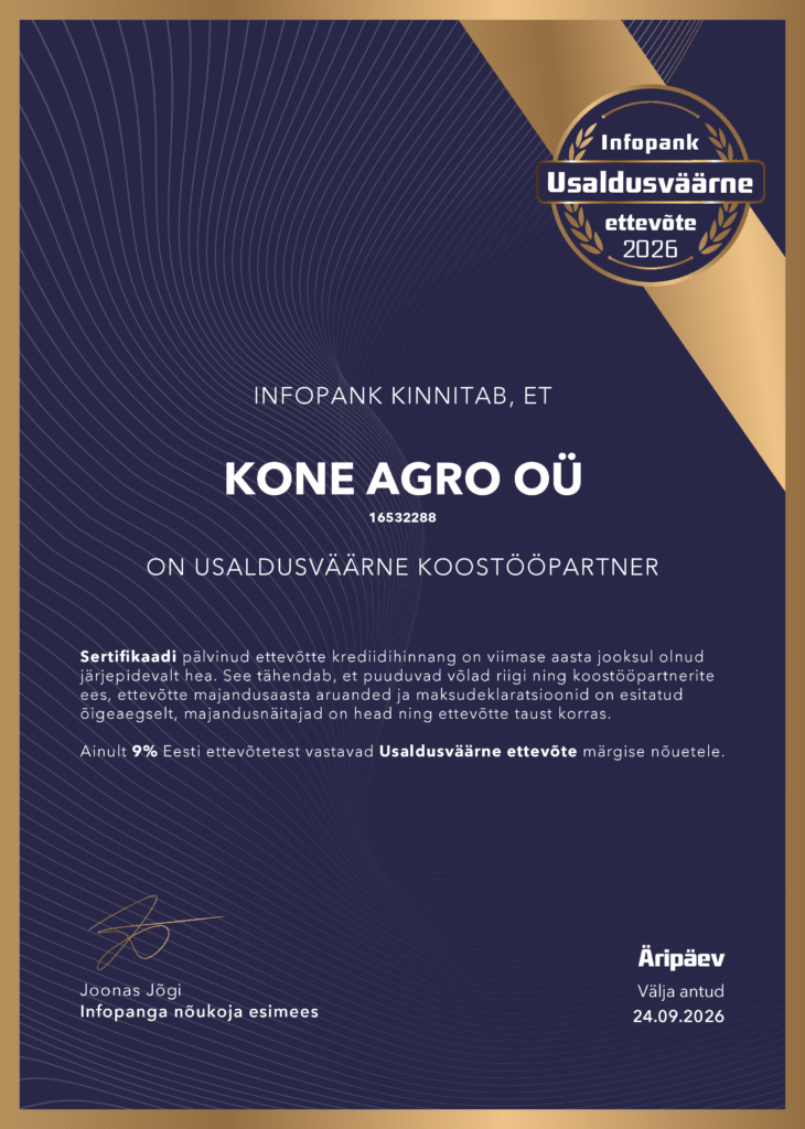Kone Agro OÜ pälvis Äripäeva Infopanga „Usaldusväärne ettevõte 2026“ sertifikaadi ja digimärgise. Tunnustus näitab, et ettevõtte krediidihinnang on viimase aast
