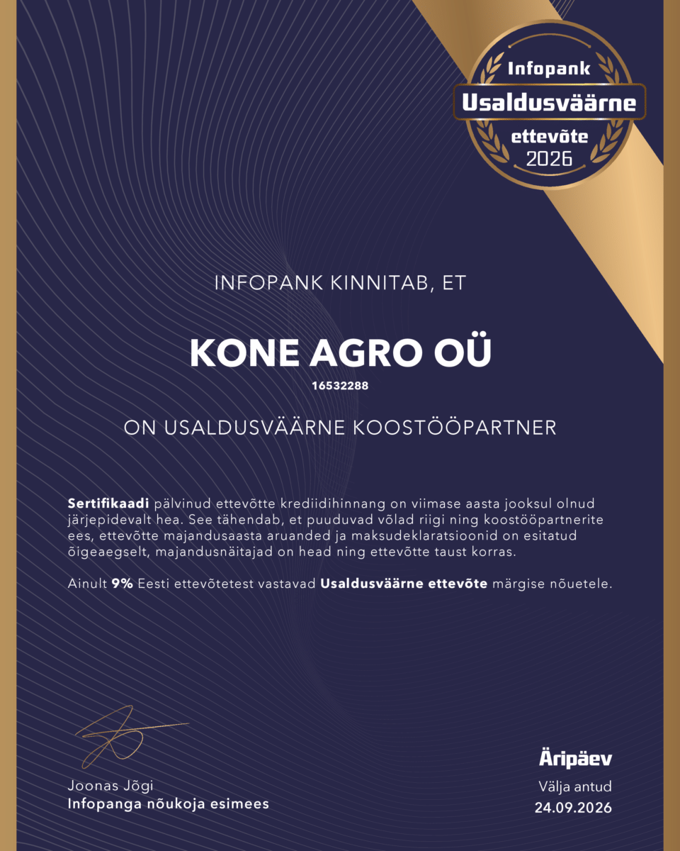 KONE AGRO OÜ 16532288 Usaldusväärne ettevote 2026 Sertifikaat EE KONE AGRO OÜ 16532288 Usaldusväärne ettevote 2026 Sertifikaat EE